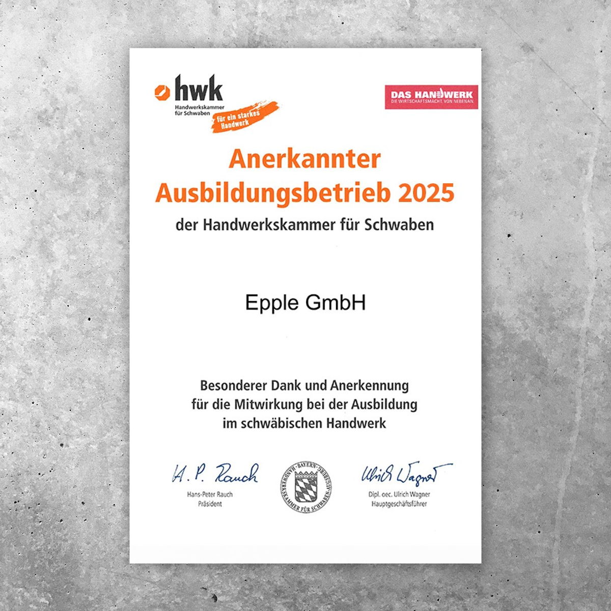 Bild HWK Urkunde Anerkannter Ausbidlungsbetrieb 2025