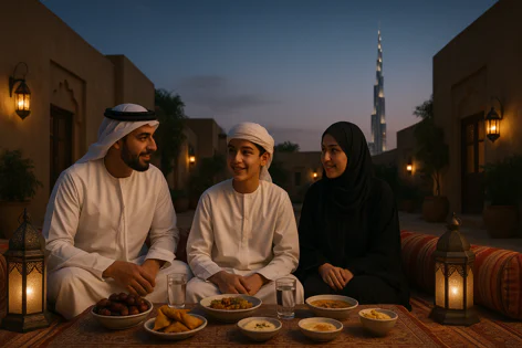 An Emirati family shares Iftar outdoors in Dubai, enjoying traditional food and drinks on a patterned carpet, with the iconic Burj Khalifa in the distance.