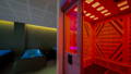 Recovery and infrared sauna wellness area with ambient LED strip lighting at DynamiQ Wellness Centre in Canberra ACT.