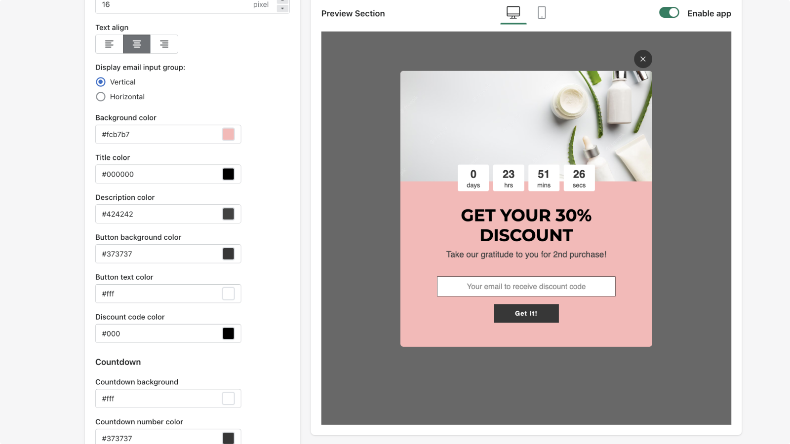 Design settings for the shopify discount pop up
