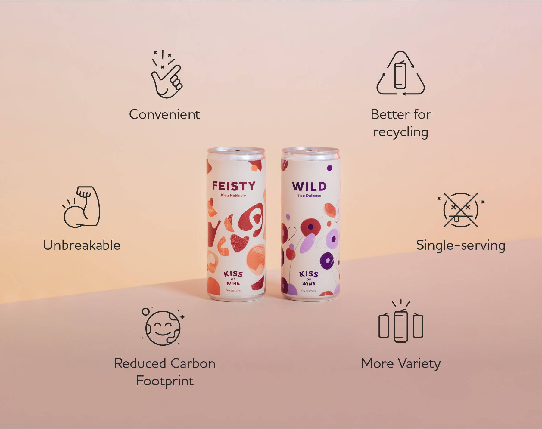 Feisty and Wild wine cans centred around the benefits of canning wine - convenient, better for recycling, single-serving, more variety, reduced carbon footprint and unbreakable. 