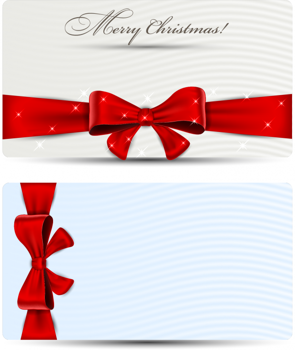 Красная лента с бантом на открытке (конверте) «Merry Christmas» — векторная eps и растровая png