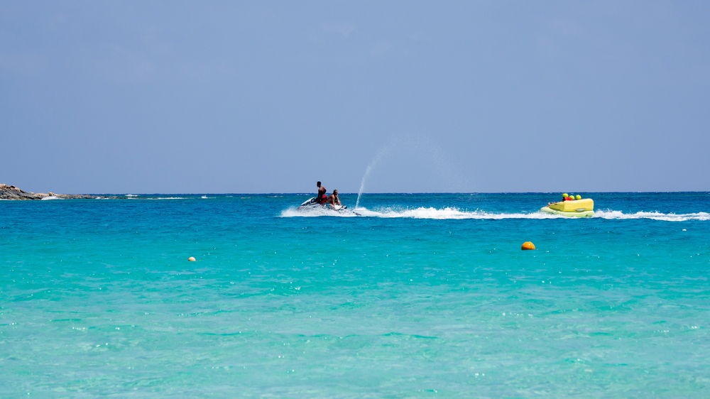 Marsa Matruh, Egypt. August 1, 2019. Watercraft in action. The amazing sea with tropical blue, turquoise and green colors. Relaxing context. Fabulous holidays. Mediterranean Sea. North Africa
