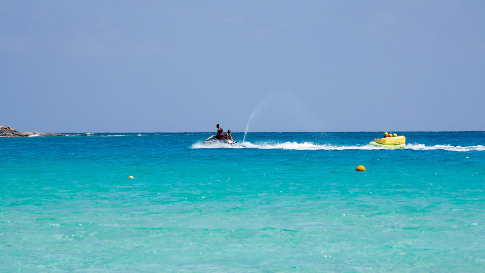 Marsa Matruh, Egypt. August 1, 2019. Watercraft in action. The amazing sea with tropical blue, turquoise and green colors. Relaxing context. Fabulous holidays. Mediterranean Sea. North Africa