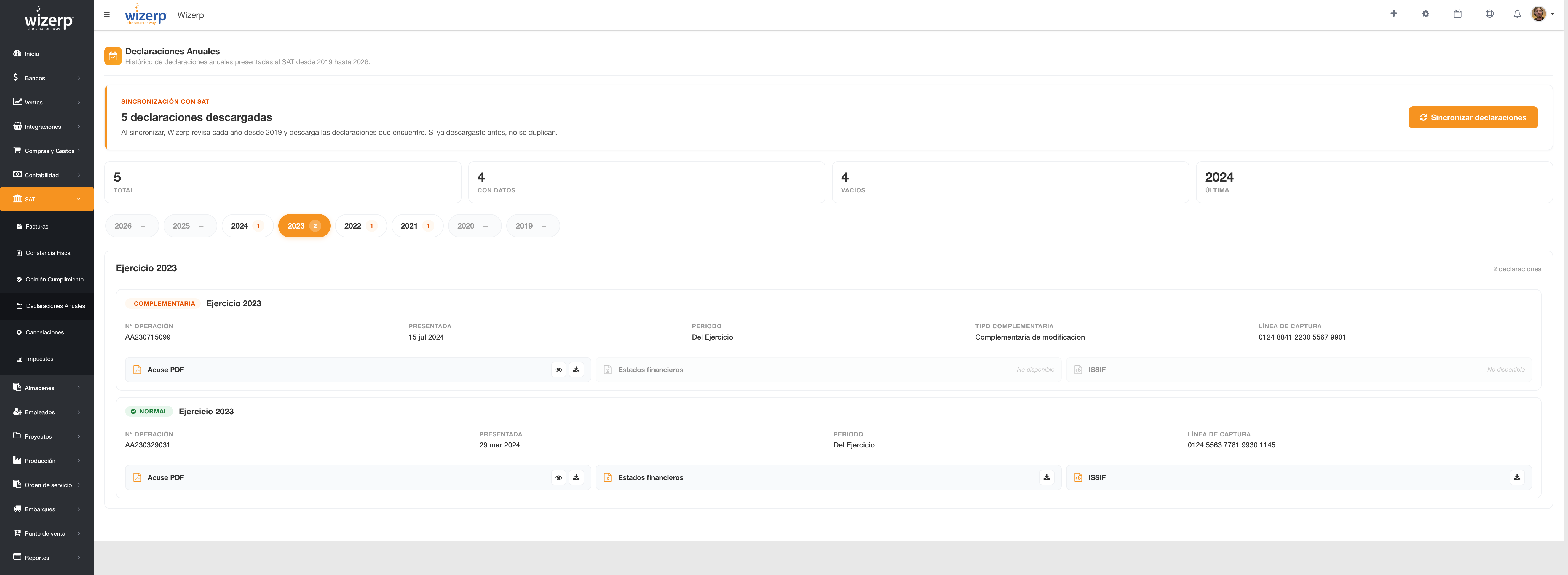 Selector por a&ntilde;o y tarjetas por ejercicio con declaraciones Normales y Complementarias.