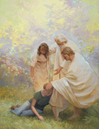 Heavenly Father, Jesus Christ, and an angel comforting a crying woman.