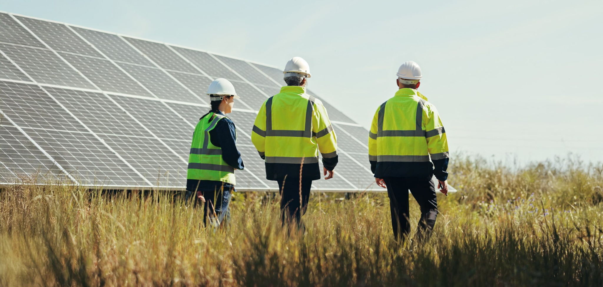 Three workers in reflective jackets and hard hats walk through tall grass near large solar panels on a sunny day, inspecting the solar energy installation.