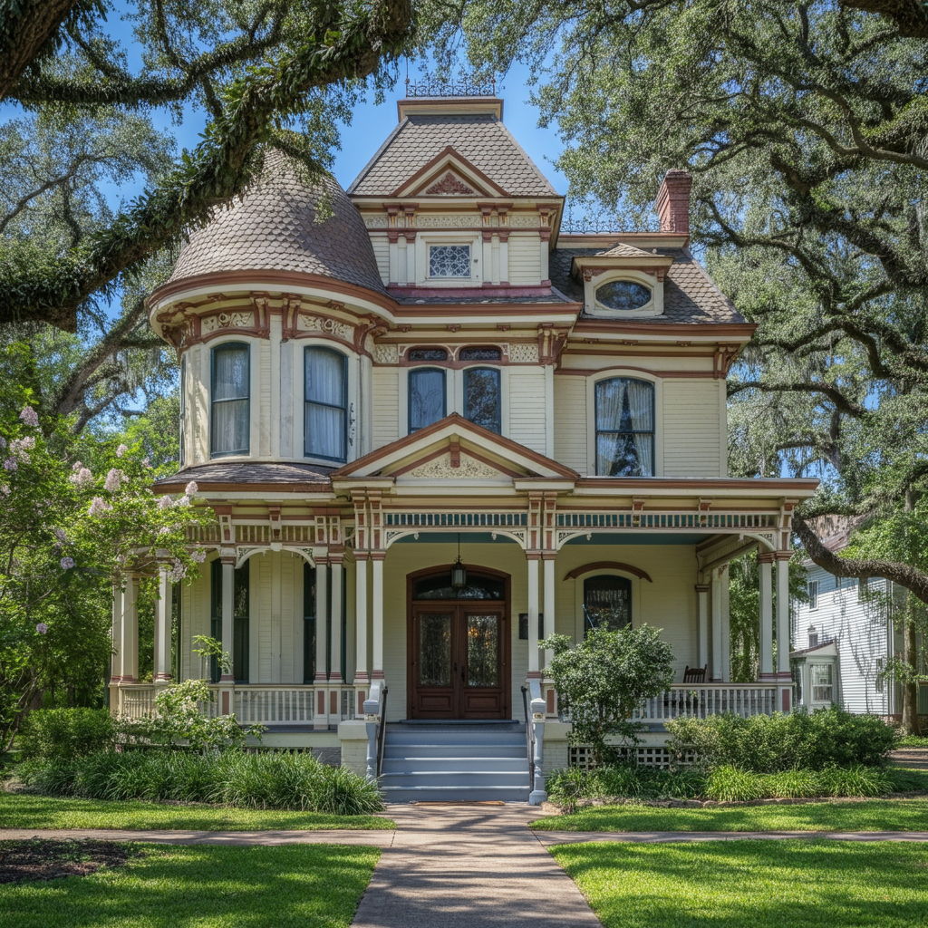 A photographic style image of A restored Victorian home with detailed trim work and a welcoming front porch, set against a backdrop of mature oak trees and flowering native plants. high focus, sharp, lots of bright light, extra bright, highly detailed, high quality, dslr, film grain, fujifilm XT3, RAW photo, RAW candid cinema, color graded porta 400, depth of field, hyper realistic, natural-looking, expressive, textured skin, texture, 8k, photorealistic