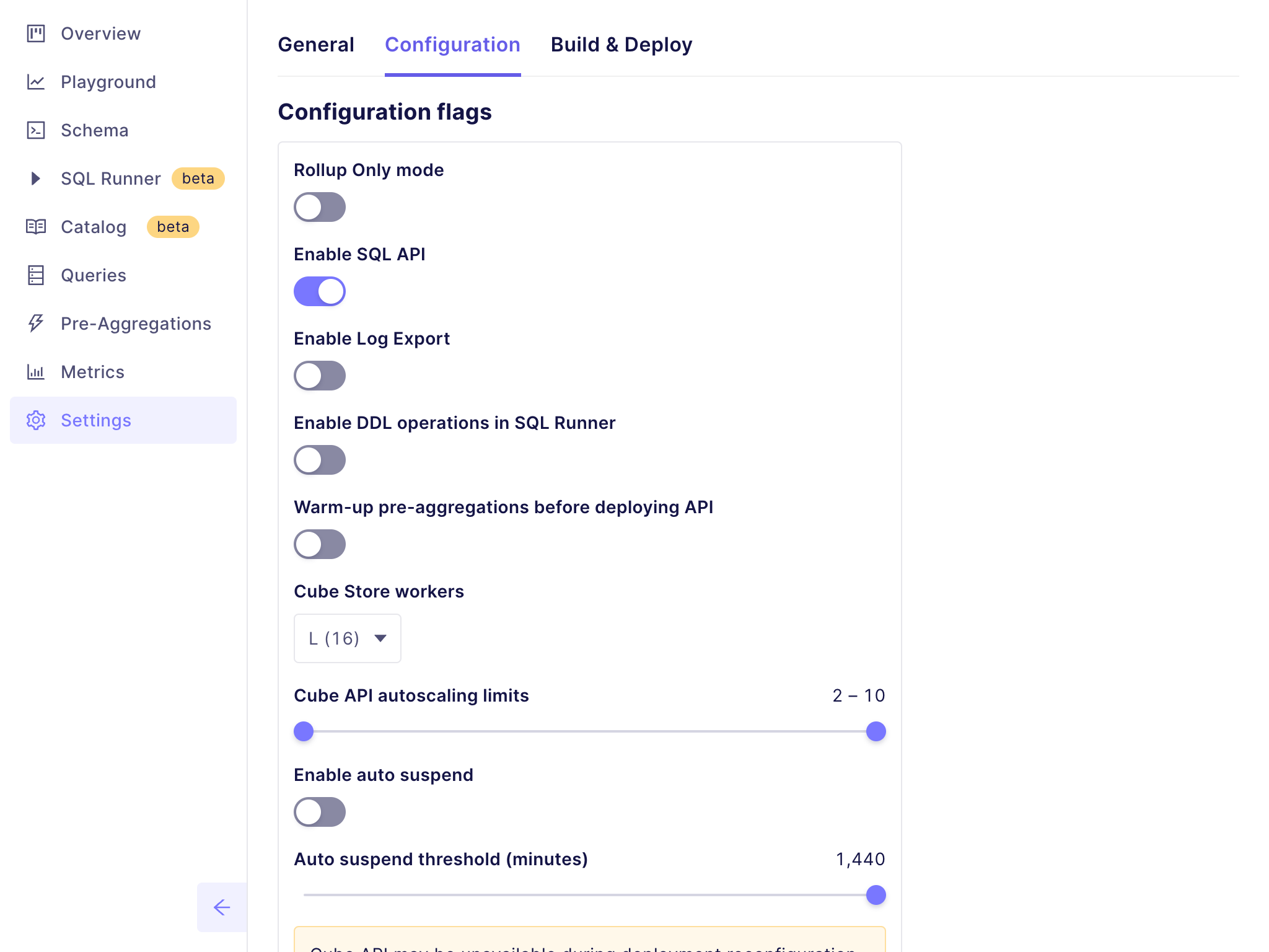 Cube Cloud Deployment Settings page showing auto-scaling configuration options