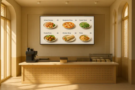 Digital menu board showing six dishes above a cafe counter with coffee machine and food display. Menu lists grilled chicken, pizza, salad, falafel, wrap, pasta.