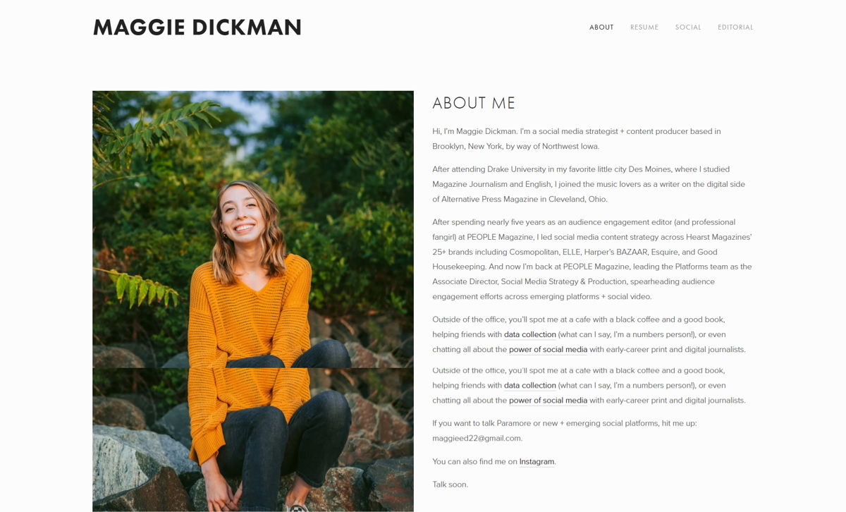 Screenshot of Maggie Dickman, from the social media portfolios collection.