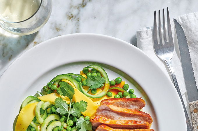 Sweet and Sour Pork Chops with Peas, Cucumber and Mango