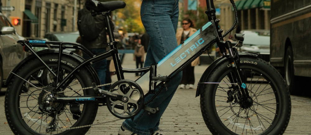a Lectric electric folding bike in a city