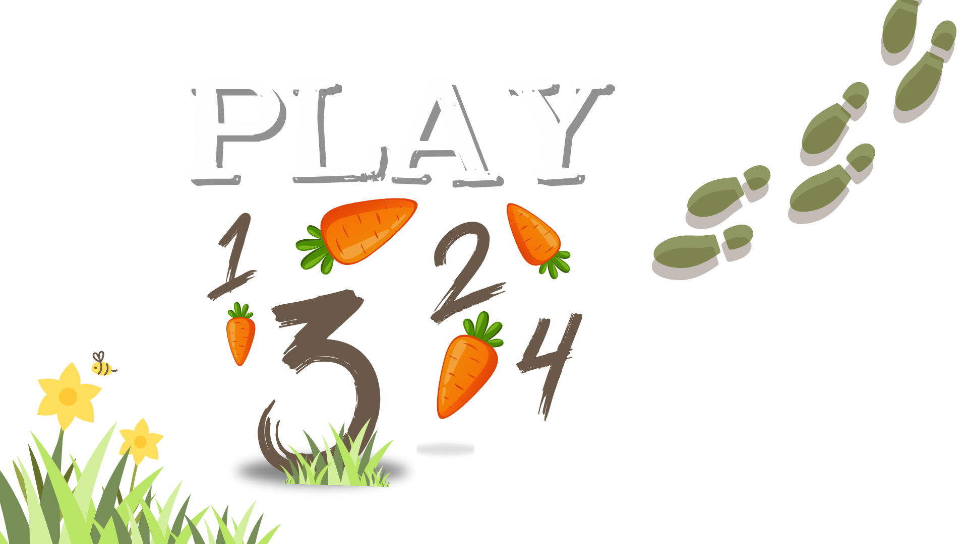 Multiple carrots with numbers 1 to 4 with large text reading PLAY and footprints in the mud