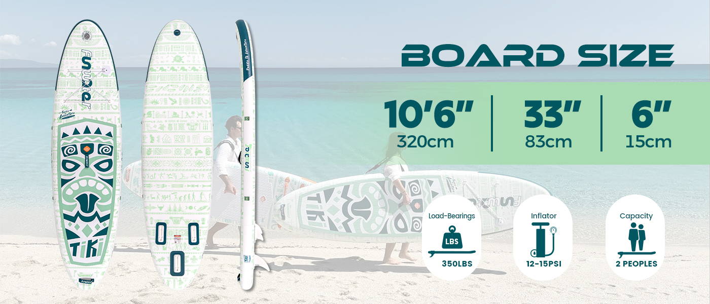 Funwater stand up paddle board size: 10'6" in length, 33" in width. load-bearings is 350 LBS, inflator 12-15PSI, capacity 2 peoples