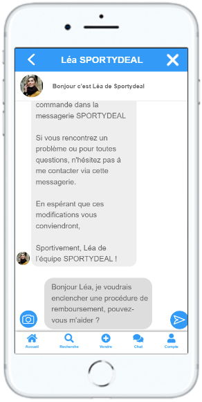 Image smartphone page du chat avec Léa de l'application / site web SPORTYDEAL, l'utilisateur demande a Léa comment ce faire rembourser"