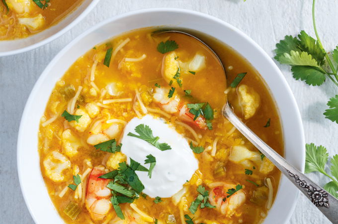 Soupe aux lentilles, chou-fleur et crevettes