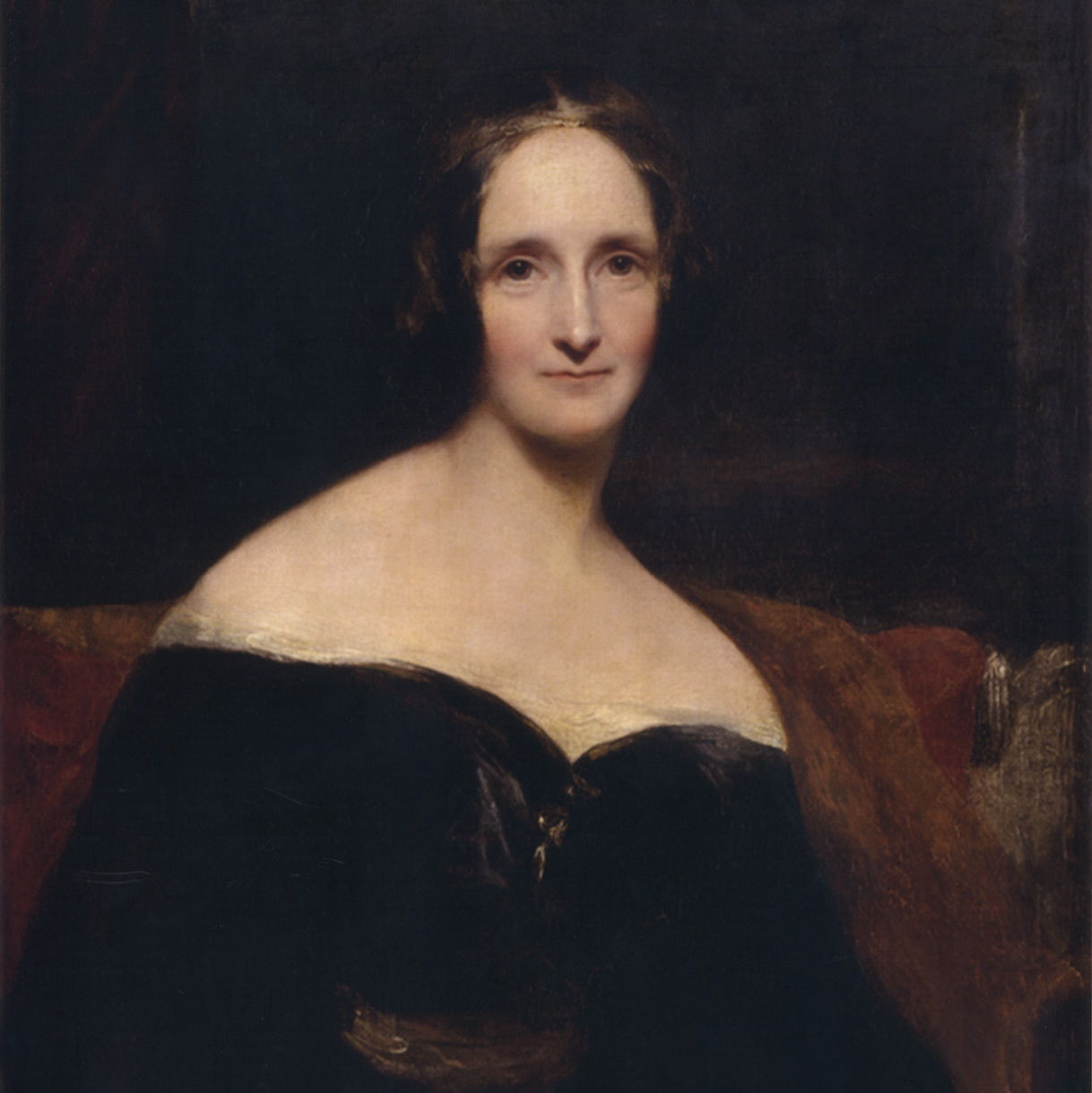 An 1840 portrait of Mary Shelley wearing a black dress with a quiet smile and dark surroundings.