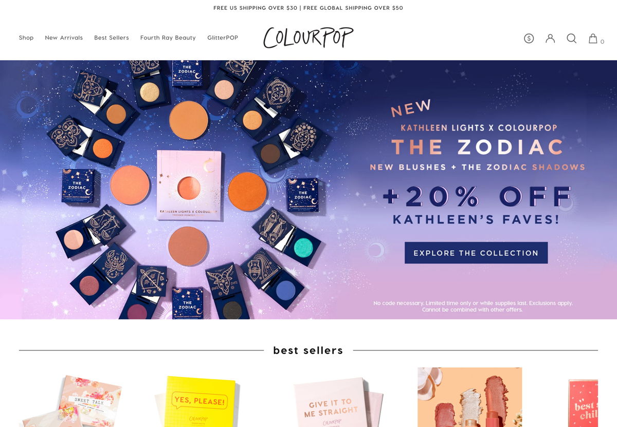 Screenshot of ColourPop Cosmetics, from the beauty websites collection.