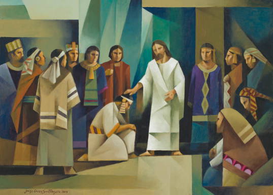 Cubism style painting of Jesus blessing the twelve disciples from the Book of Mormon.c