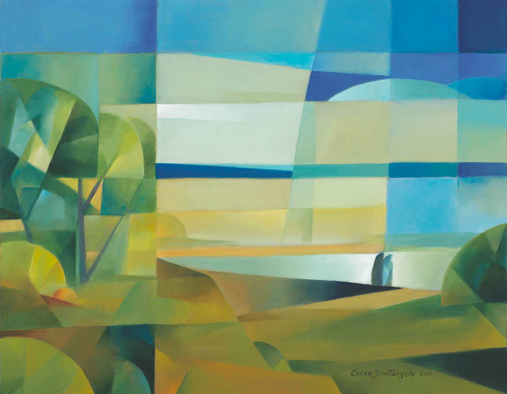 Geometric painting of two individuals crossing the wilderness.