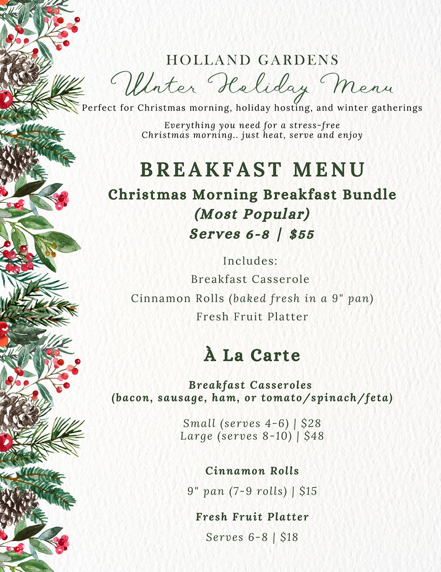 Holland Gardens Winter Holiday Menu