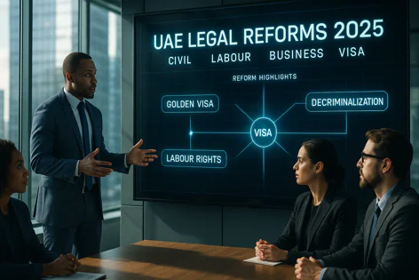 Businessman presenting UAE Legal Reforms 2025 topics like Golden Visa, Labour Rights, and Decriminalization to colleagues in a modern meeting room.