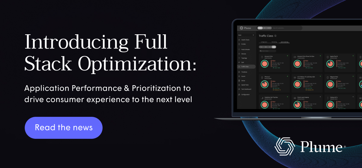 banner that reads "Introducing Full Stack Optimization: Application Performance & Prioritization to drive consumer experience to the next level" with a clickable button that says "Read the news" and a graphic of a laptop with the Plume logo 