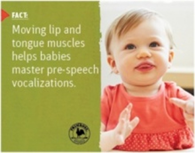 Poster stating a scientific fact about speech development in toddlers next to a little girl blowing raspberries