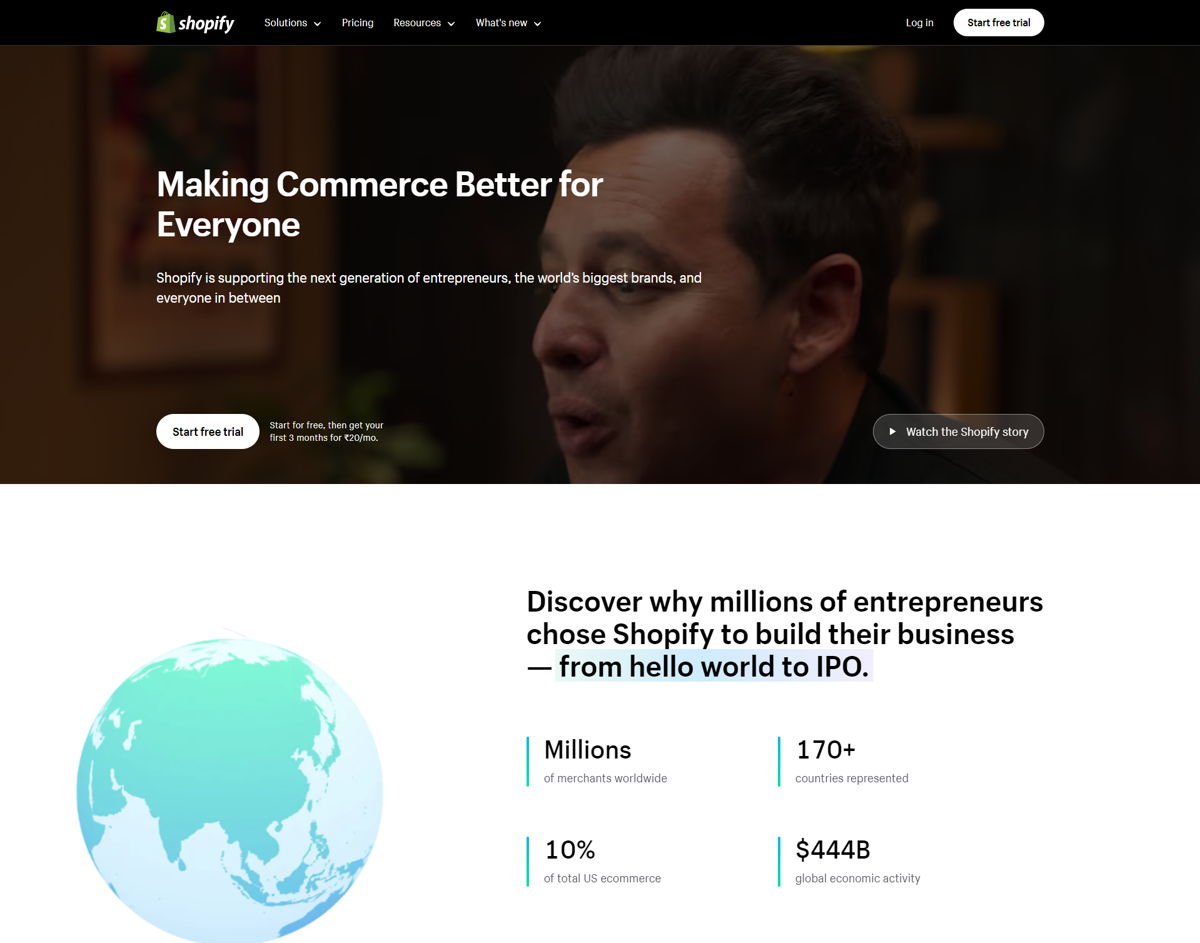 Screenshot of Shopify, from the saas websites collection.