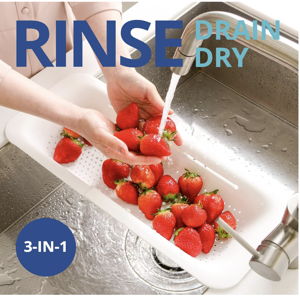 Over the Sink Colander Strainer Basket - Wash Vegetables and Fruits, Drain Cooked Pasta and Dry Dishes - Extendable - New Home Kitchen Essentials (7.9 W x 14.5-19.5 L x 2.75 H) - White