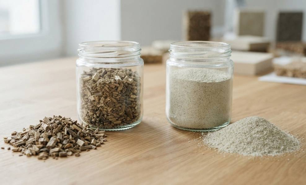 Hemp hurds in coarse powdered and fine particle forms