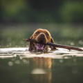 dog fetching a stick in the water