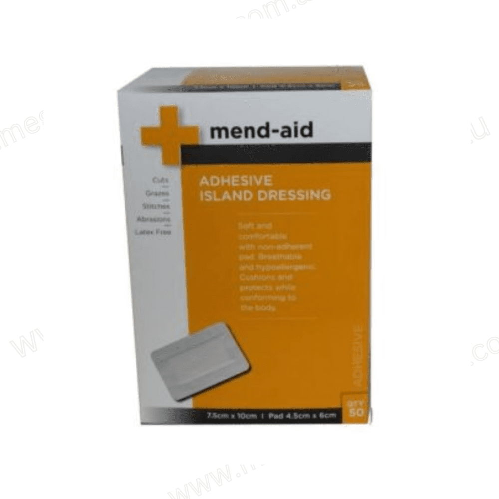 MEND-AID Adhesive Island Dressing WHITE 7.5CM X 10CM Box of 50.