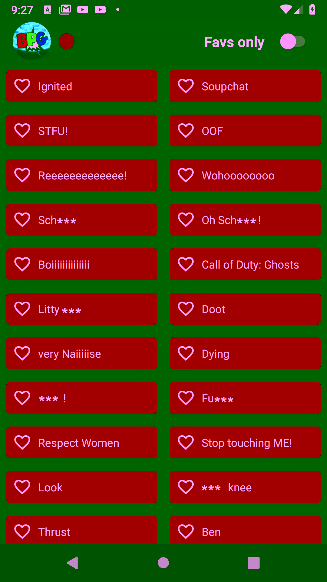 BenPlaysGames Soundboard screenshot with live stream indicator.