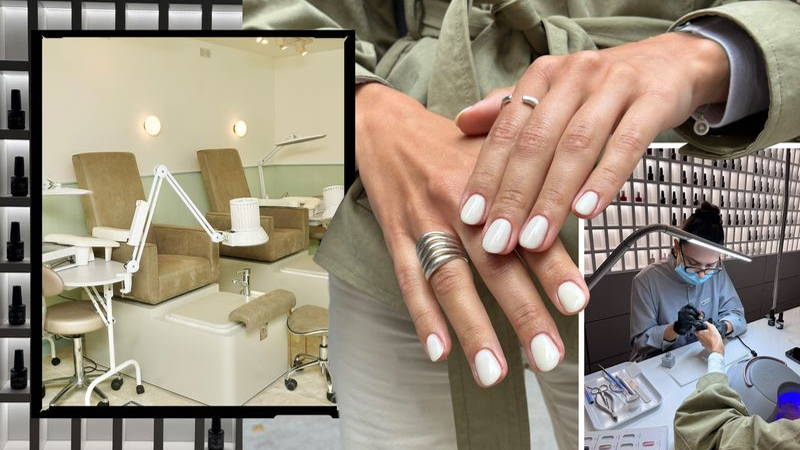 A collage of images featuring interiors of Ukrainian-owned nail salons, both the pedicure chairs and a nail technician giving a manicure, plus hands in the background of a finished Ukrainian manicure.