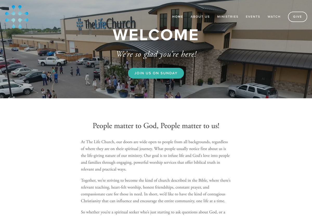 Screenshot of The Life Church, from the squarespace church websites collection.