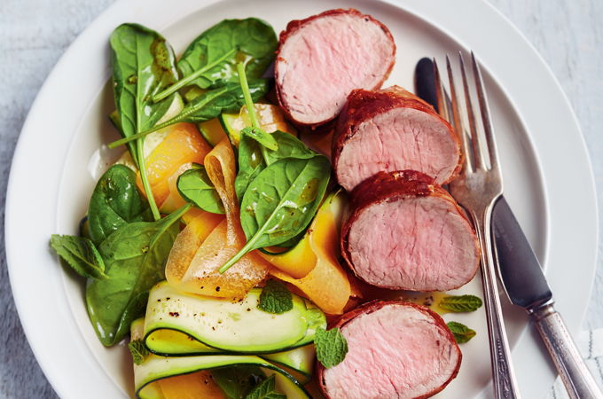 Pork and Prosciutto Medallions with Zucchini-Mint Salad