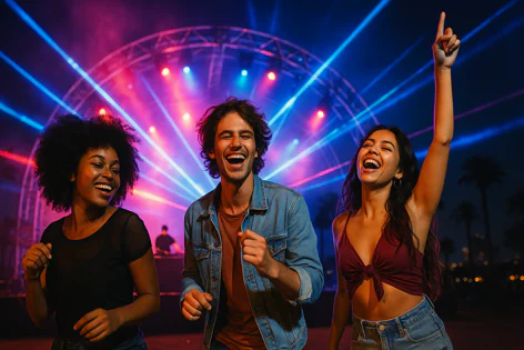 Three friends dancing and laughing excitedly at an outdoor music festival at night, with bright red and blue laser lights crisscrossing behind them from a stage.