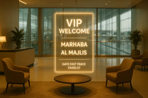 Modern lounge area with comfortable chairs, a coffee table, and a glowing sign displaying "VIP WELCOME MARHABA AL MAJLIS GATE FAST TRACK ENABLED".