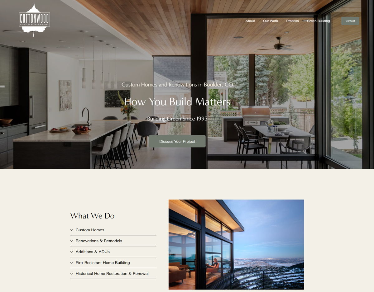 Screenshot of Cottonwood Custom Builders, from the home builder websites collection.