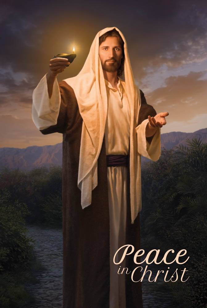 Vertical LDS art post of Christ beckoning and holding a lamp. Text reads: "Peace in Christ."