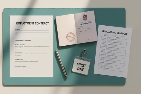 Overhead view of documents and items for starting a new job, including an employment contract, UAE employment visa, onboarding schedule, and a "First Day" badge.
