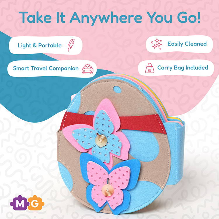 Infografika przedstawiająca zalety cichej filcowej książki Montessori Rabbit's Book.