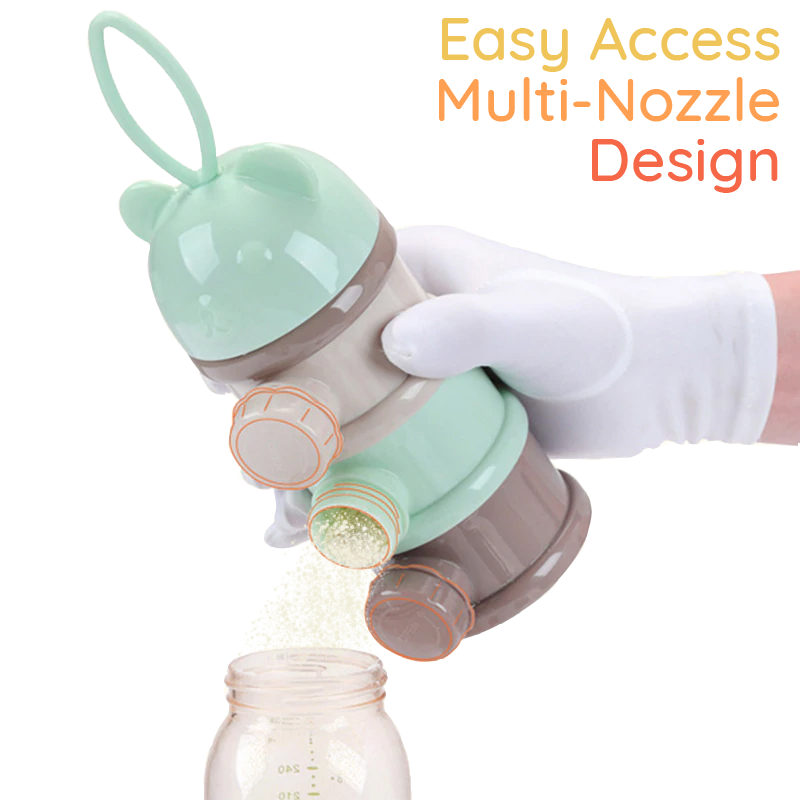 SuperTots baby milk powder dispenser multi-nozzle design with powder being poured into bottle