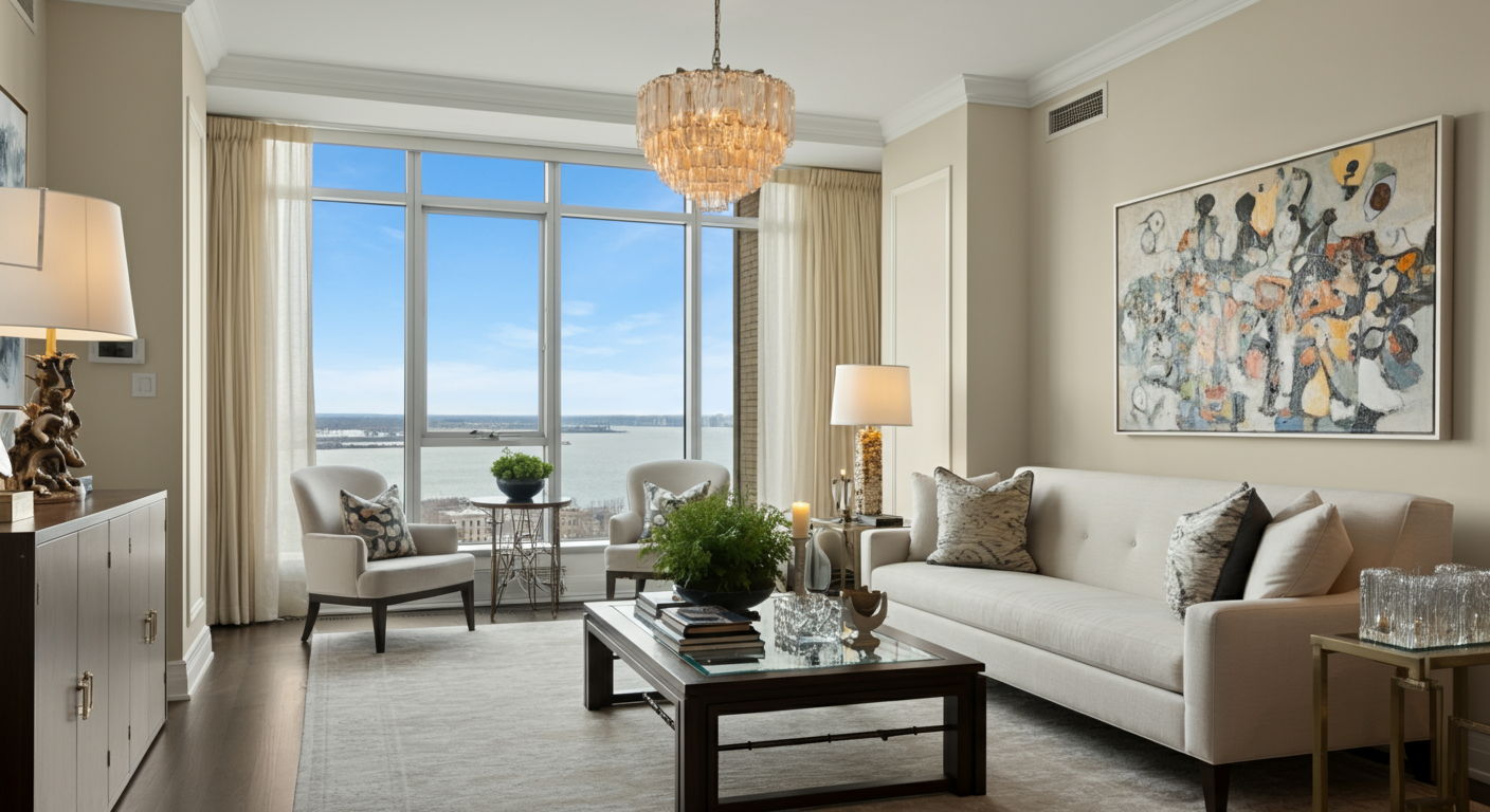 An elegant living room in a downsized Gold Coast condominium featuring floor-to-ceiling windows with lake views, tasteful modern furnishings, and carefully curated art pieces, demonstrating how luxury can be maintained in a smaller footprint. Warm afternoon light streams through the windows, highlighting the sophisticated interior design.