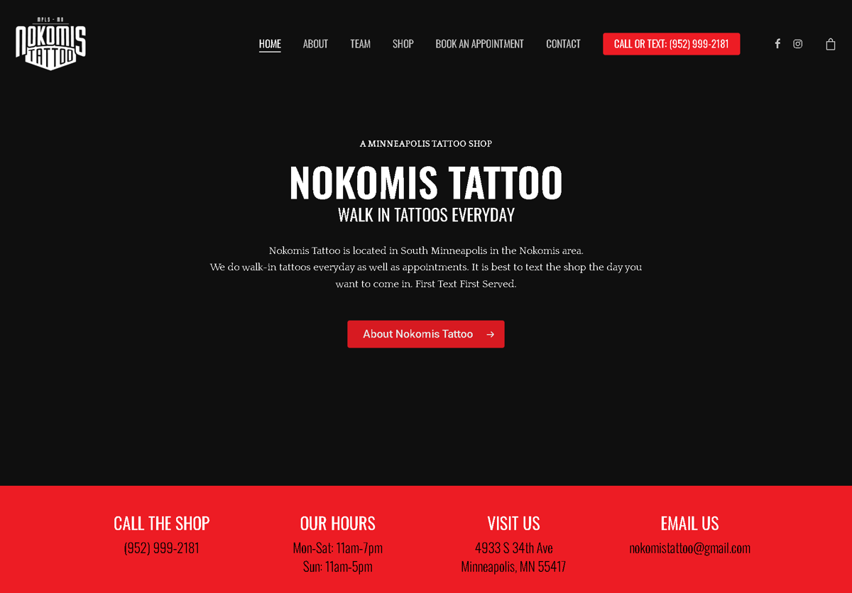 Screenshot of Nokomis Tattoo, from the tattoo websites collection.
