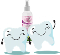 VierBeinerGlück Zahnstein-Dental Spray Animation mit zwei lachenden Zähnen und eine Flasche Zahnstein-Dental Spray im Hintergrund