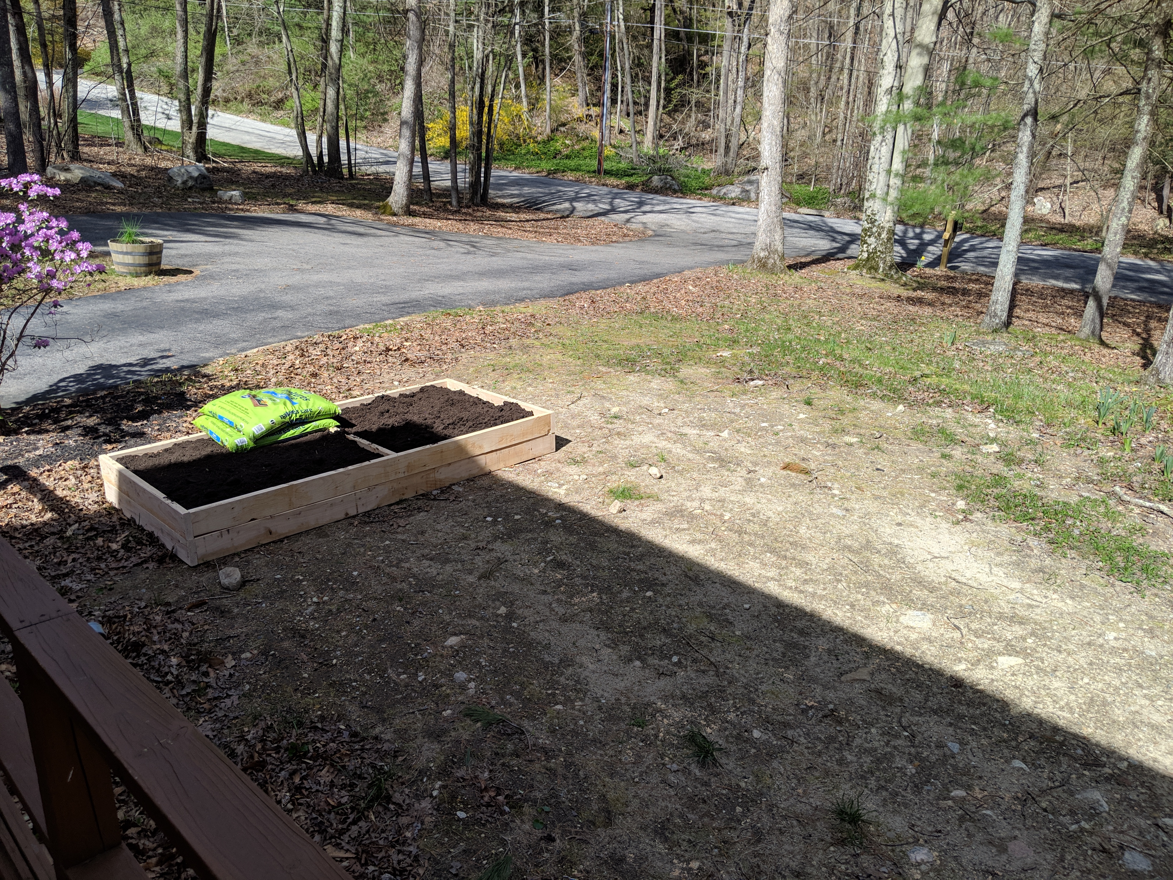 A new raised garden bed in a sunny clearing in a wooded area