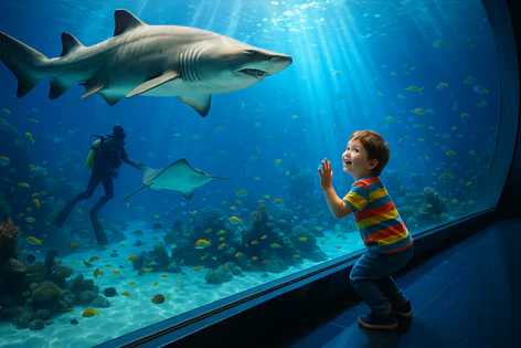 Young boy smiles, waving at a large shark and stingray in a sunlit aquarium tank filled with fish, coral, and a diver.